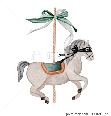 Watercolor carousel horse. Vintage hand-drawn animal with an elegant bow. Perfect for baby shower and birthday cards and posters. Watercolor carousel horse. Vintage hand-drawn animal with an elegant bow. Perfect for baby shower and birthday cards and posters. 133691144