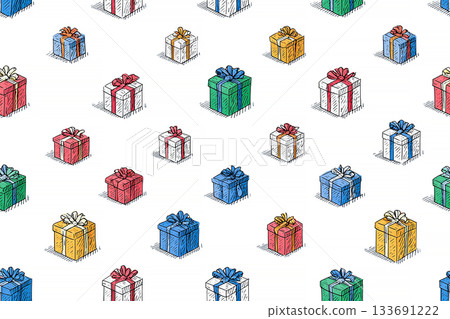 Festive. Seamless pattern. Bright gift boxes. Hand drawn. Minimalist style. Festive. Seamless pattern. Bright gift boxes. Hand drawn. Minimalist style. 133691222