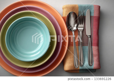 Modern dining concepts. Bright silverware set. Fork, knife and spoon. Casual dining or lifestyle. Kitchenware and dining products. Modern dining concepts. Bright silverware set. Fork, knife and spoon. Casual dining or lifestyle. Kitchenware and dining products. 133691226