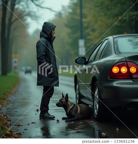 Dog waits patiently beside owner on a rainy street Generative AI 133691236
