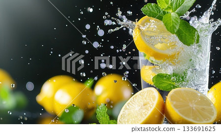 Refreshing glass of lemonade with lemon slices and mint leaves, water splashing. 133691625