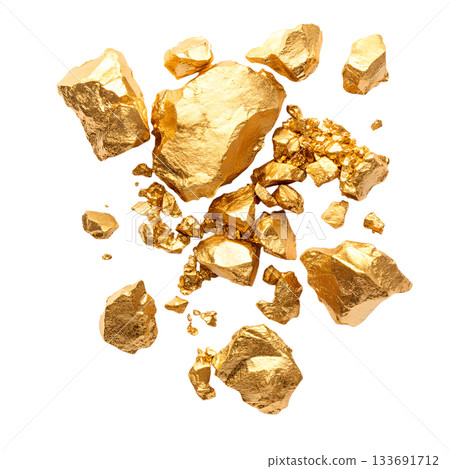 An assortment of natural golden nuggets and raw gold ore fragments displayed on a white background 133691712