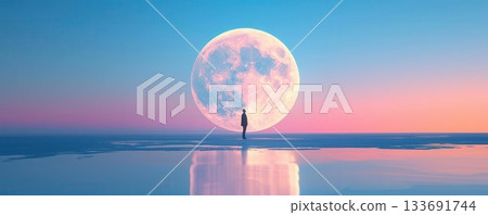 Silhouette of a person standing on a beach with a giant pink moon in the sky. 133691744