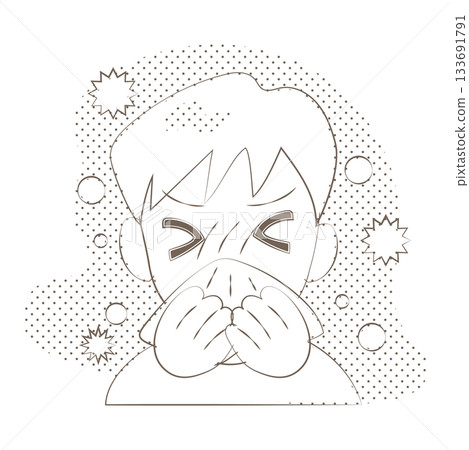 男孩因花粉症打噴嚏的線條畫插圖 男孩因花粉症打噴嚏的線條畫插圖 133691791