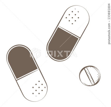 棕色線條繪製的藥品、膠囊和片劑插圖（花粉症/過敏藥物） 133691804