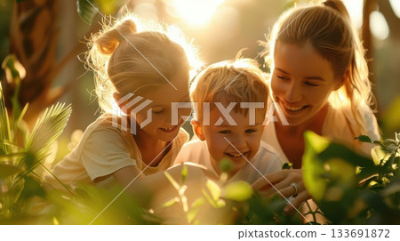 Happy family of three enjoying nature together. Happy family of three enjoying nature together. 133691872