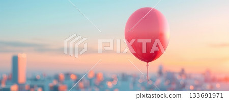 Single pink balloon floating over blurred city skyline at sunset. Single pink balloon floating over blurred city skyline at sunset. 133691971