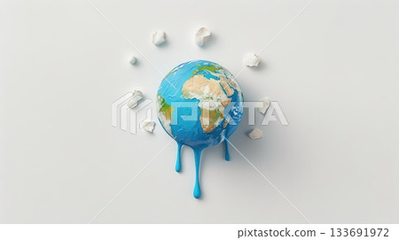 Melting globe with ice pieces around it, symbolizing climate change. 133691972