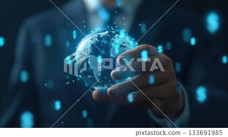 Businessman holding a digital globe, representing global connectivity and digital transformation. 133691985