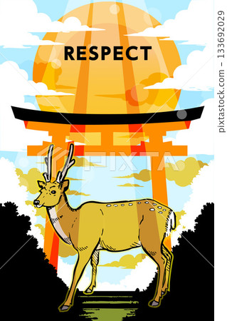 一幅日式風格的精美插畫,用於祭拜日本神社中的鹿。 一幅日式風格的精美插畫,用於祭拜日本神社中的鹿。 133692029