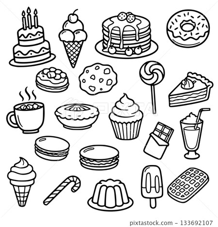A set of clean, black-and-white line art icons illustrating a variety of popular desserts, including donuts, cakes, cookies, ice cream, and pastries.  133692107