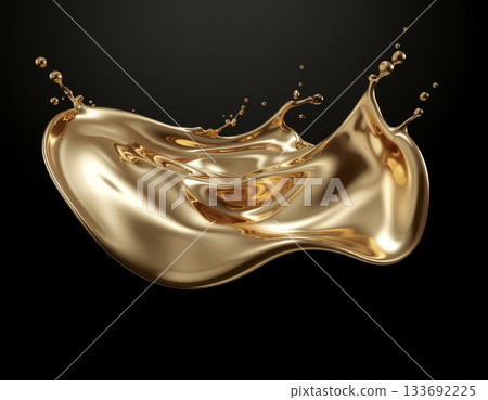 純黑背景上點綴著閃亮的液態金色飛濺——一款精緻的奢華品牌背景素材 133692225