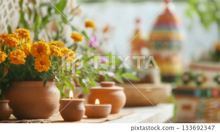 Dia de los Muertos vibrant marigold and pottery display with candles, background 133692347
