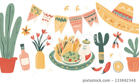 Cinco de Mayo festive elements with cacti, sombrero, and food illustrations Cinco de Mayo festive elements with cacti, sombrero, and food illustrations 133692348