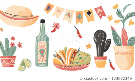 Cinco de Mayo festive elements with cacti, sombrero, and food illustrations Cinco de Mayo festive elements with cacti, sombrero, and food illustrations 133692349