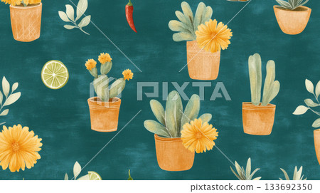 Cactus plants in pots with yellow flowers, lime slices and leaves on teal background Cactus plants in pots with yellow flowers, lime slices and leaves on teal background 133692350
