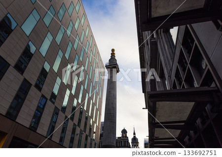 The Monument to the Great Fire of London Between Modern City Buildings The Monument to the Great Fire of London Between Modern City Buildings 133692751
