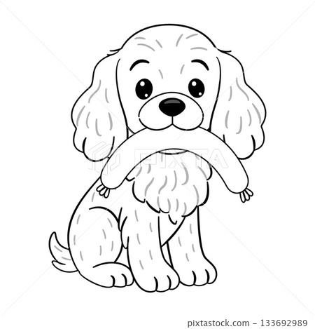 Fluffy dog Cocker Spaniel sitting and holding a sausage in its mouth. Doodle style Fluffy dog Cocker Spaniel sitting and holding a sausage in its mouth. Doodle style 133692989
