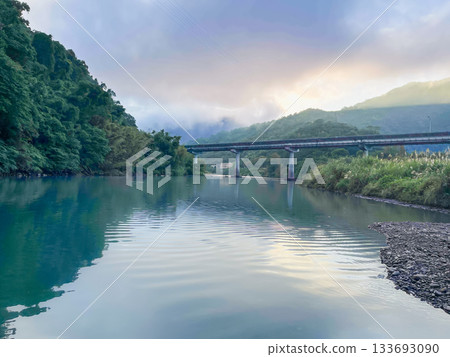 Morning Light on Wulai River Bridge, New Taipei City, Taiwan. 133693090
