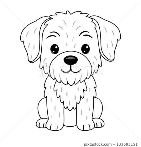 Fluffy cute puppy sitting politely and looking friendly. Doodle style Fluffy cute puppy sitting politely and looking friendly. Doodle style 133693151