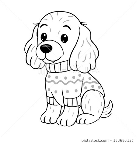 Cocker Spaniel sitting and wearing patterned knitted sweater. Doodle style 133693155