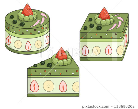 Illustration set of three types of matcha cakes (Matcha Sweets 18) 133693202