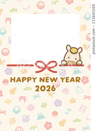 Photo New Year's card template Horse, Japanese pattern and Mizuhiki 03 Photo New Year's card template Horse, Japanese pattern and Mizuhiki 03 133693269