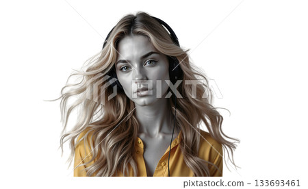 This image shows a woman wearing headphones 133693461