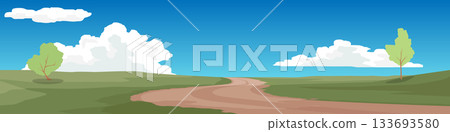 Landscape with winding dirt roads winding around on the hills. Fluffy white clouds adorn the bright blue sky over lush green hills with trees. Empty space above for banner background. 133693580