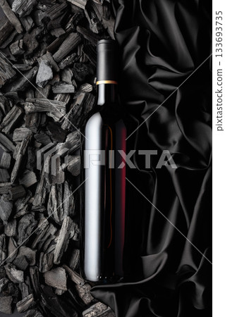 Bottle of red wine against a backdrop of charcoal and black satin. Bottle of red wine against a backdrop of charcoal and black satin. 133693735