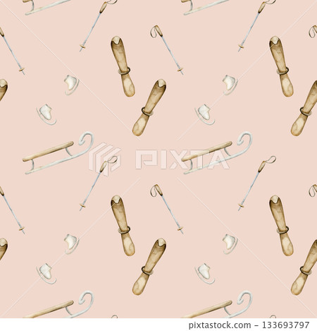 Sleigh, skis, ice skates, winter funs seamless pattern. Watercolor hand drawn illustration isolated on pink background or cozy sport design Christmas card kids fabric holiday textile wrapping paper Sleigh, skis, ice skates, winter funs seamless pattern. Watercolor hand drawn illustration isolated on pink background or cozy sport design Christmas card kids fabric holiday textile wrapping paper 133693797