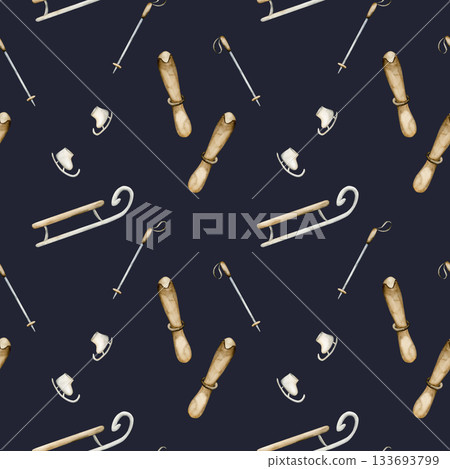 Sleigh, skis, ice skates, winter funs seamless pattern. Watercolor hand drawn illustration isolated on dark blue background or cozy sport design Christmas kids fabric holiday textile wrapping paper 133693799