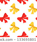 Seamless pattern with cute red and yellow bows in bright cartoon flat style. Vector illustration of ribbon bow elements arranged in repeating design on white background. 133693801