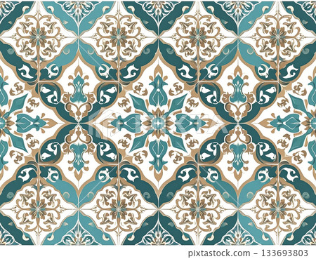 Floor tiles. Ceramic tiles with geometric patterns in natural color. Texture of building materials. Design mockup and background. Floor tiles. Ceramic tiles with geometric patterns in natural color. Texture of building materials. Design mockup and background. 133693803