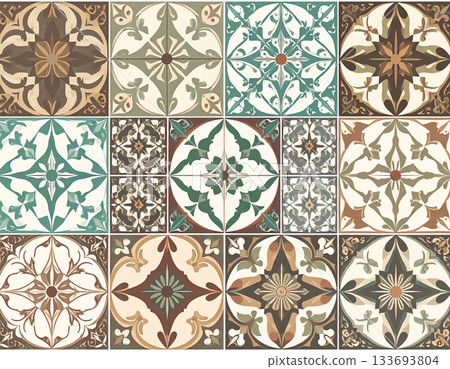 Commercial Use. Ceramic tiles with geometric patterns in natural color. Texture of building materials. Design mockup and background. 133693804