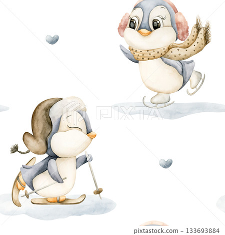 Cute Penguins Winter Fun Sports Seamless Pattern. Watercolor hand drawn illustration isolated on white background ski ice skates for north design Christmas holiday print baby cloth kids fabric nursery 133693884
