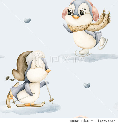 Cute Penguins Winter Fun Sports Seamless Pattern. Watercolor hand drawn illustration isolated on blue background ski ice skates for north design Christmas holiday print baby cloth kids fabric nursery Cute Penguins Winter Fun Sports Seamless Pattern. Watercolor hand drawn illustration isolated on blue background ski ice skates for north design Christmas holiday print baby cloth kids fabric nursery 133693887