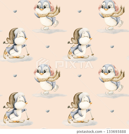 Cute Penguins Winter Fun Sports Seamless Pattern. Watercolor hand drawn illustration isolated on beige background ski ice skates for north design Christmas holiday print baby cloth kids fabric nursery Cute Penguins Winter Fun Sports Seamless Pattern. Watercolor hand drawn illustration isolated on beige background ski ice skates for north design Christmas holiday print baby cloth kids fabric nursery 133693888