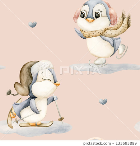 Cute Penguins Winter Fun Sports Seamless Pattern. Watercolor hand drawn illustration isolated on pink background ski ice skates for north design Christmas holiday print baby cloth kids fabric nursery 133693889
