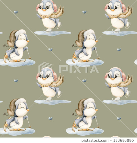 Cute Penguins Winter Fun Sports Seamless Pattern. Watercolor hand drawn illustration isolated on green background ski ice skates for north design Christmas holiday print baby cloth kids fabric nursery 133693890