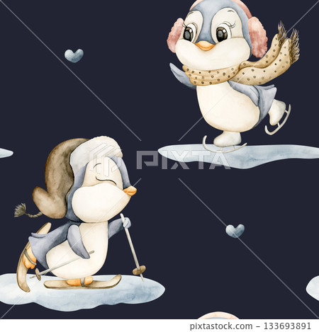 Cute Penguins Winter Fun Sports Seamless Pattern. Watercolor hand drawn illustration isolated on dark blue background ski ice skates for north design Christmas holiday print baby cloth kids fabric 133693891