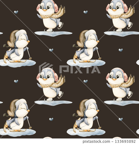 Cute Penguins Winter Fun Sports Seamless Pattern. Watercolor hand drawn illustration isolated on dark background ski ice skates for north design Christmas holiday print baby cloth kids fabric nursery 133693892