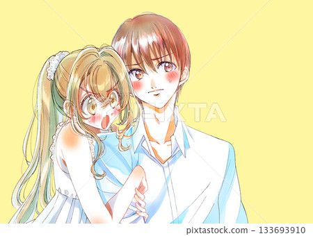 A man embarrassed when a younger woman clings to him A man embarrassed when a younger woman clings to him 133693910