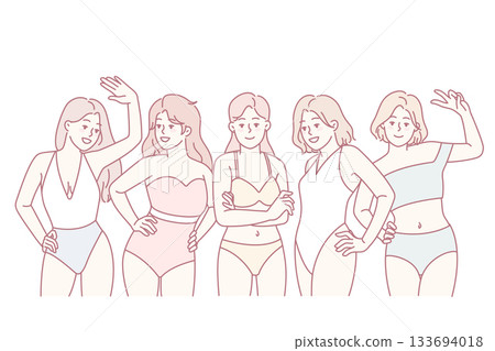 Women in swimsuits posing together Women in swimsuits posing together 133694018