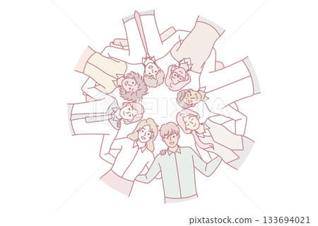 Multiethnic people stand in circle showing unity Multiethnic people stand in circle showing unity 133694021