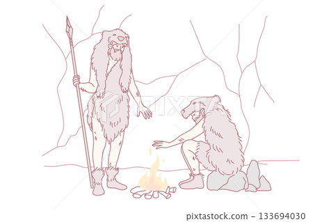 Cavemen setting fire in nature Cavemen setting fire in nature 133694030