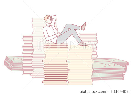 Happy businessman sitting on money stacks Happy businessman sitting on money stacks 133694031