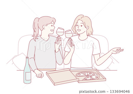 Relaxed gathering with drinks and food, Friends share joy over wine and pizza in cozy setting 133694046