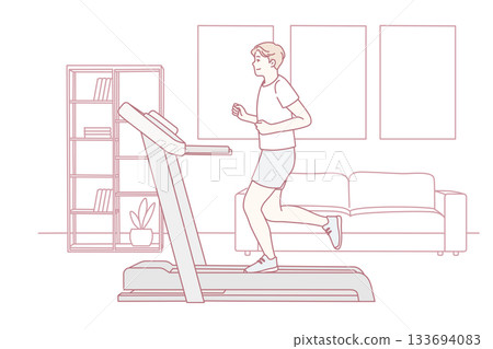 Sportive man running on racetrack at home 133694083