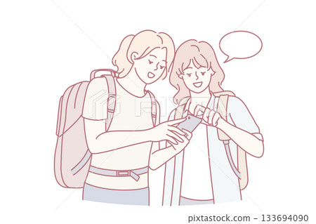 youthful travelers enthusiastically navigate urban environments using electronic guides, teenagers equipped with backpacks and digital devices joyfully interpret city maps collaboratively youthful travelers enthusiastically navigate urban environments using electronic guides, teenagers equipped with backpacks and digital devices joyfully interpret city maps collaboratively 133694090